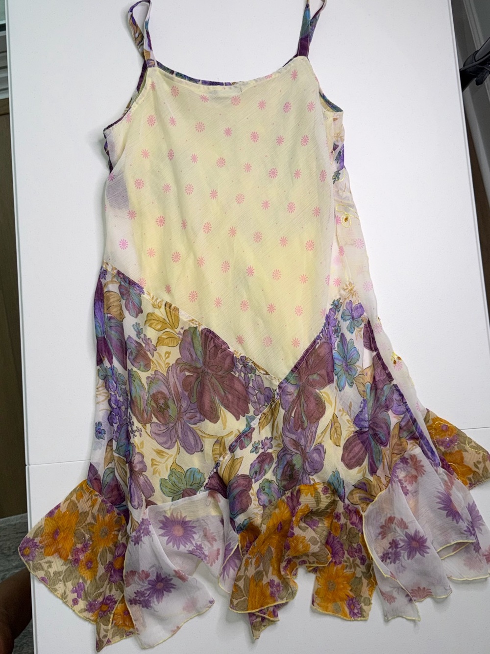Vintage Sherly Y2K Fairy Dress Floral Chiffon
Handkerchief Hem Gold Embroidery M - Picture 4 of 10